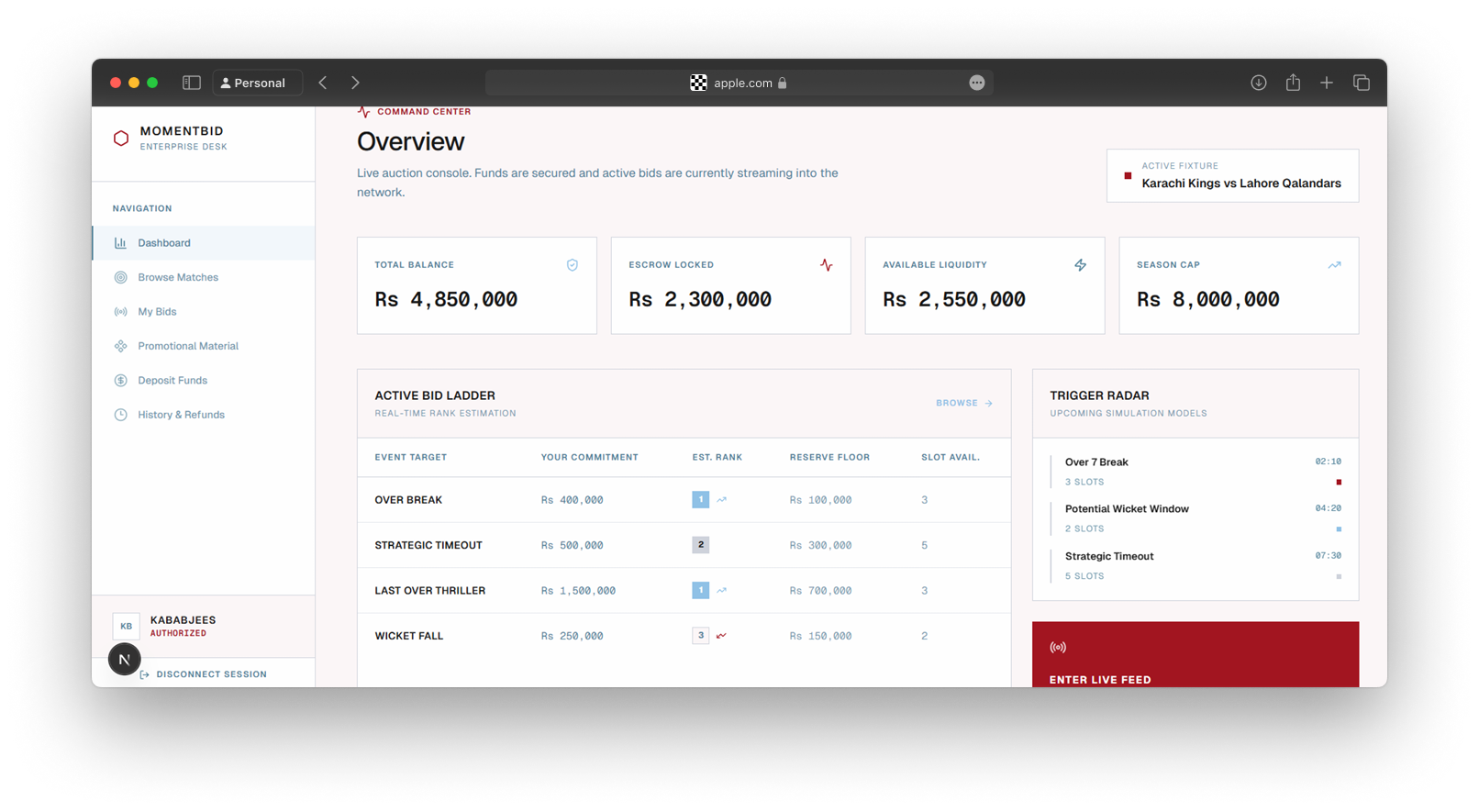 MomentBid dashboard overview