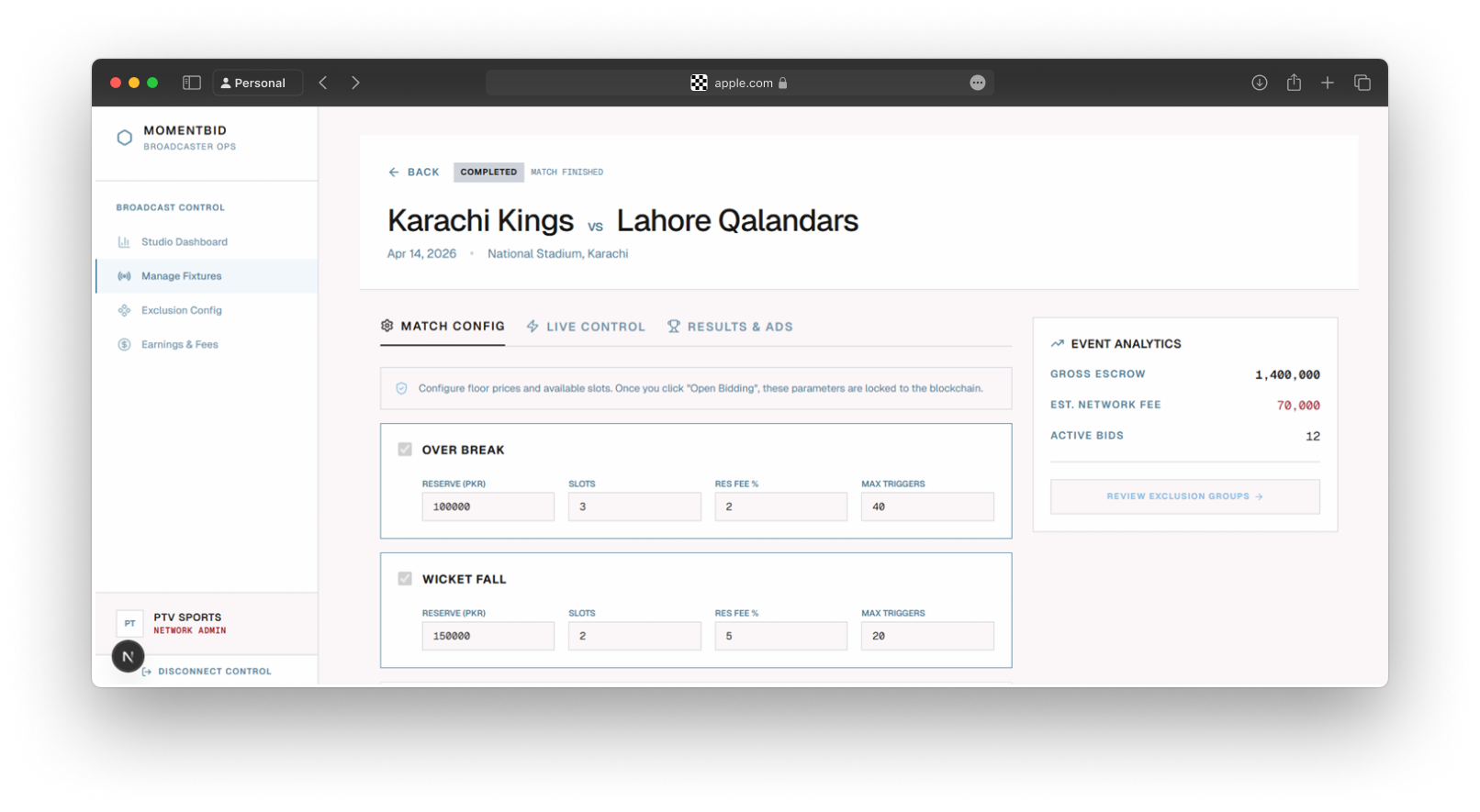 MomentBid live match bidding view