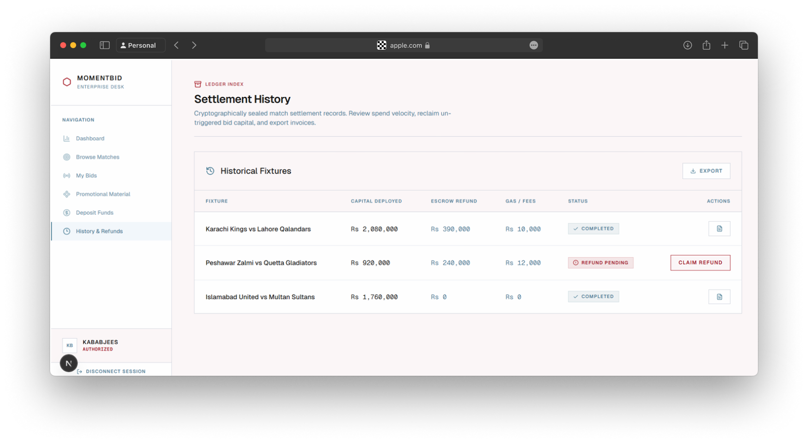 MomentBid settlement history